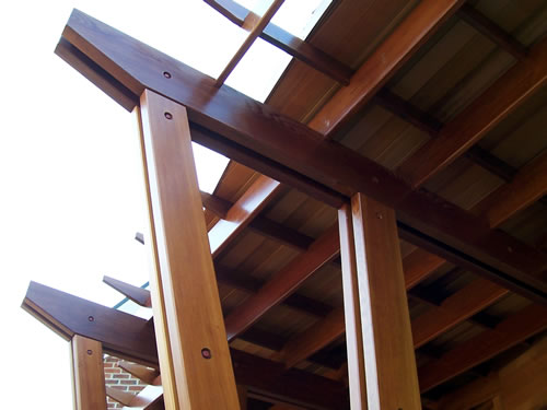Attractive redwood posts, beams and joists made from redwood salvage material.