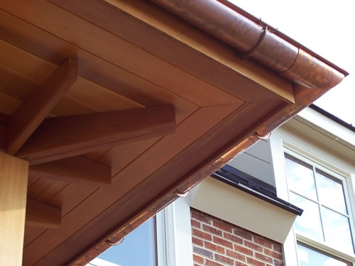 Redwood beams used to support redwood soffit