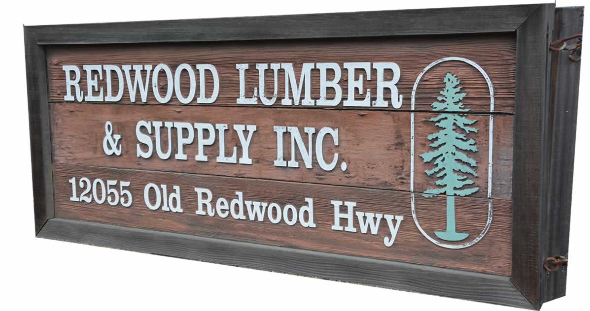 The street sign for Redwood Lumber & Supply Company in Healdsburg, California.